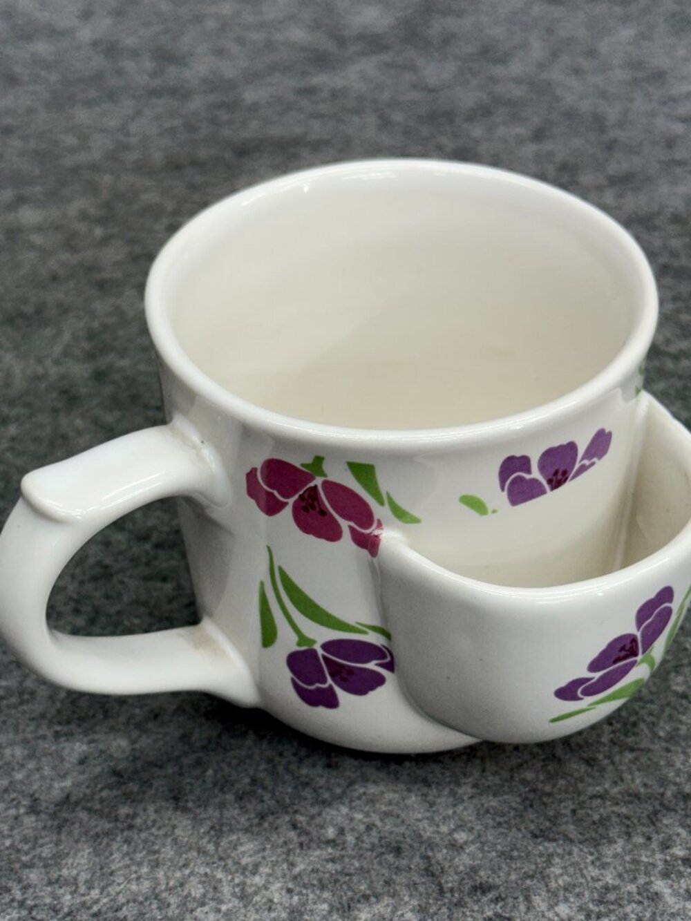 Vintage Floral Ceramic Tea Mug with Built-In Tea Bag Holder Pocket Purple Violet